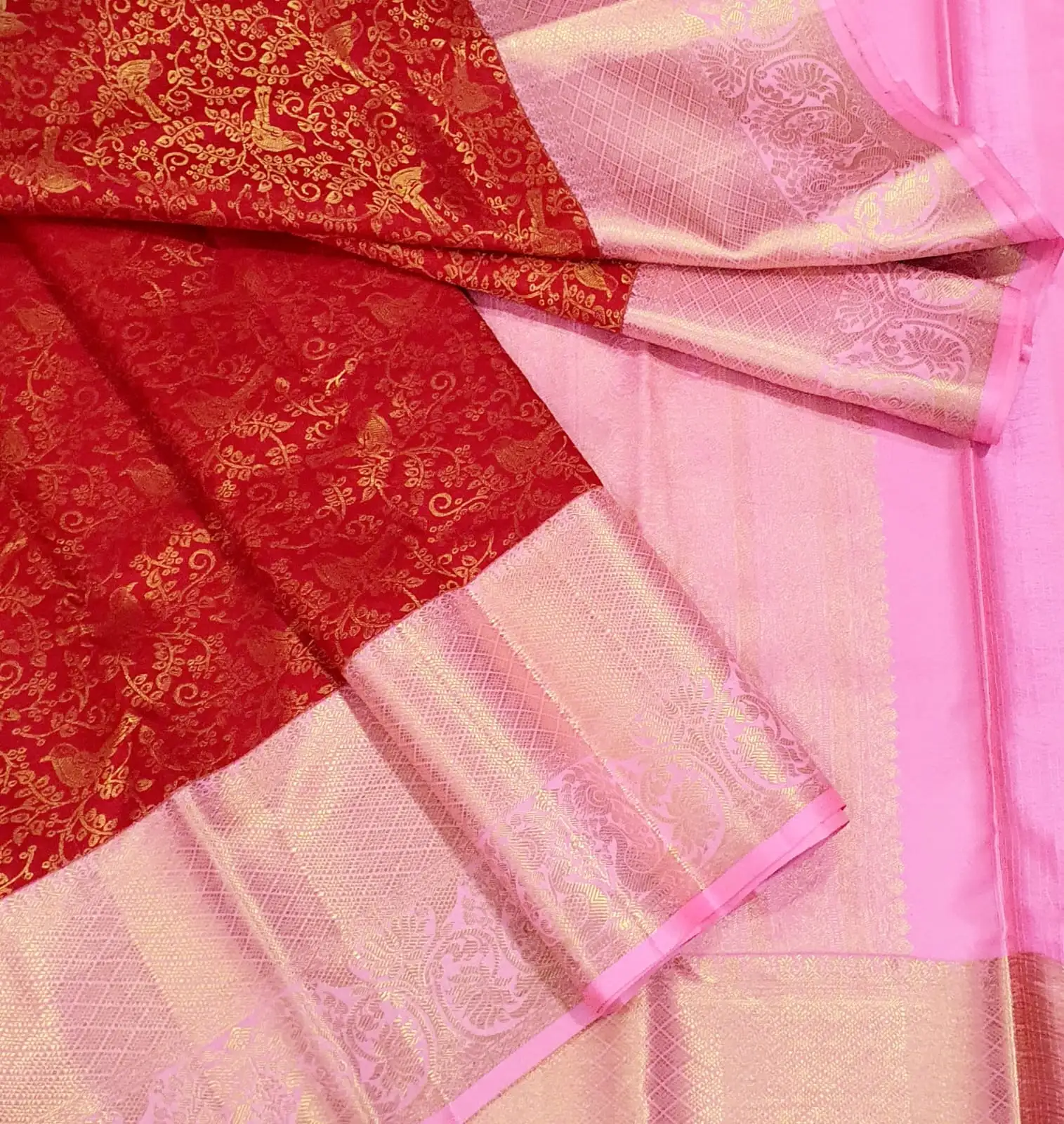 Kanchipuram Red Pink Floral Brocade Bridal Silk Saree